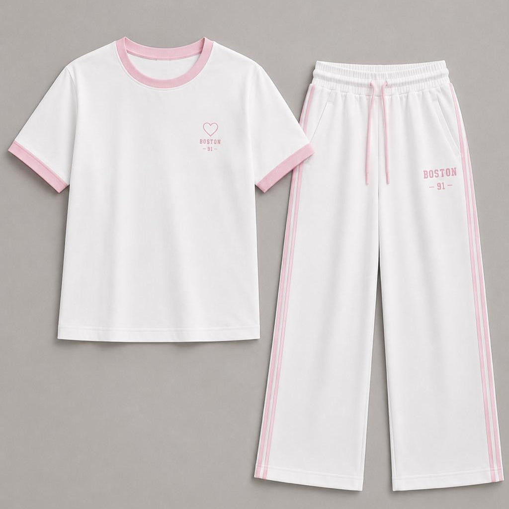 Ensemble Boston blanc deux band rose