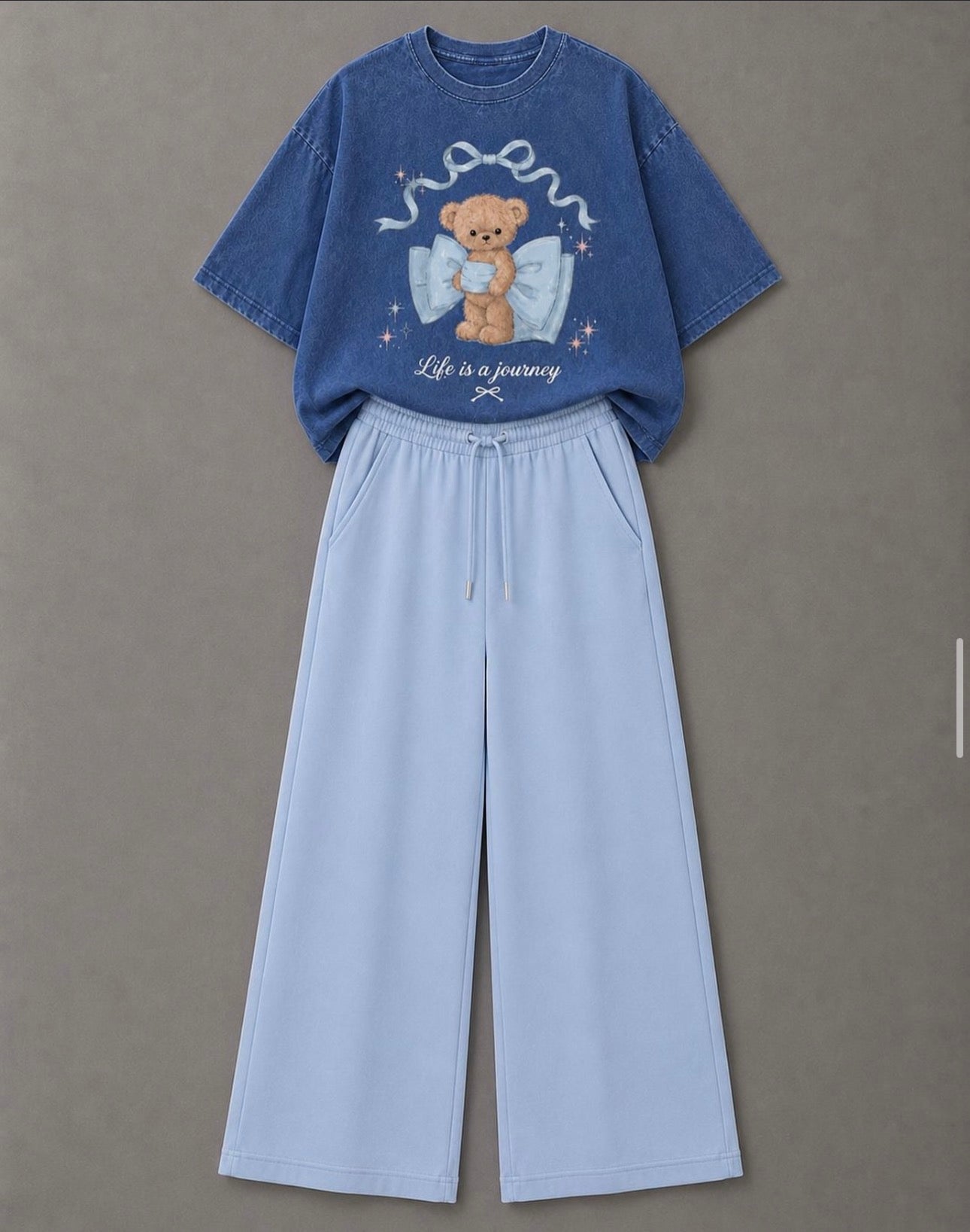 Ensemble T-shirt acid wash blue pantaloon blue ciel