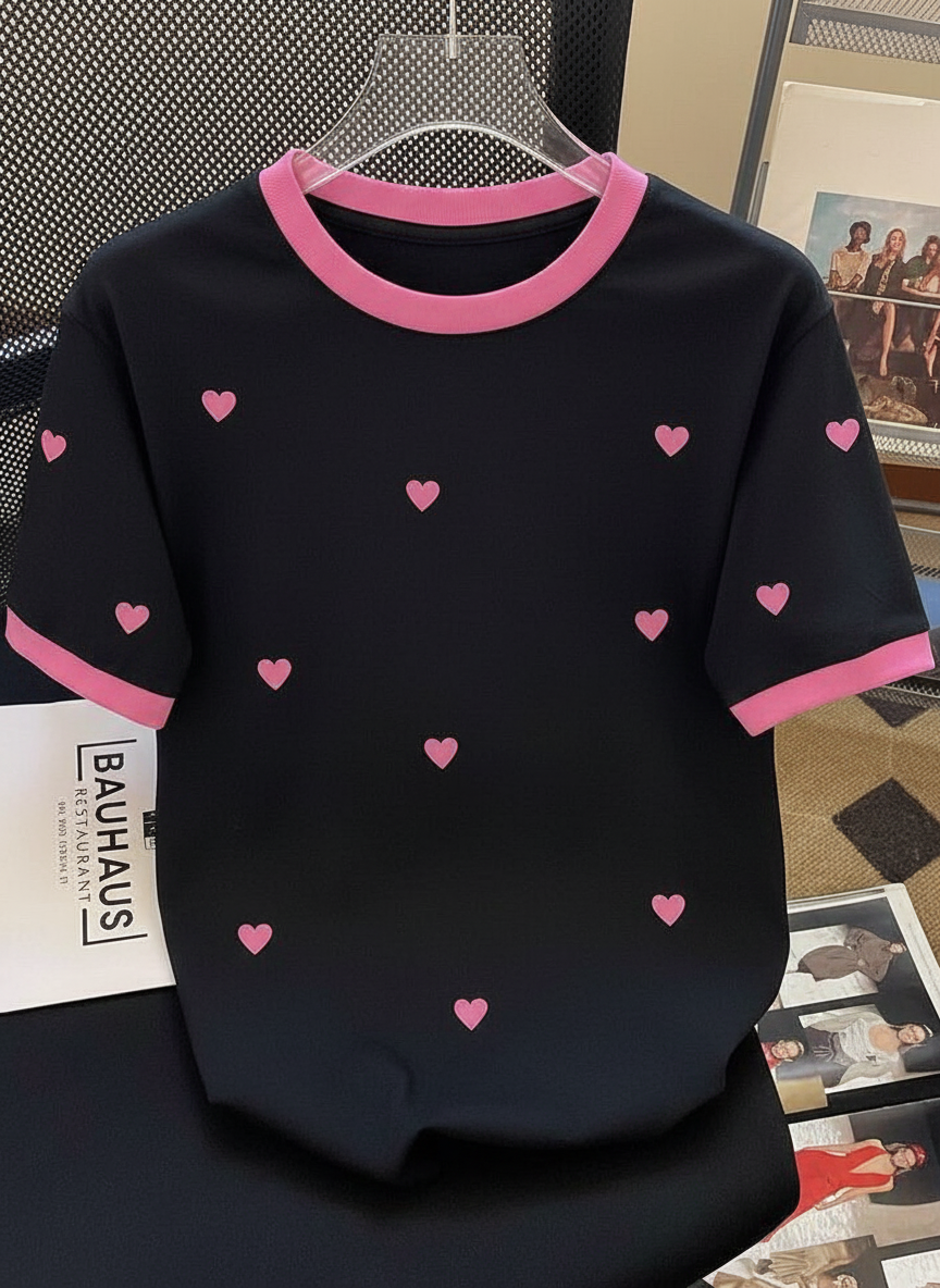Tshirt col rose coeurs